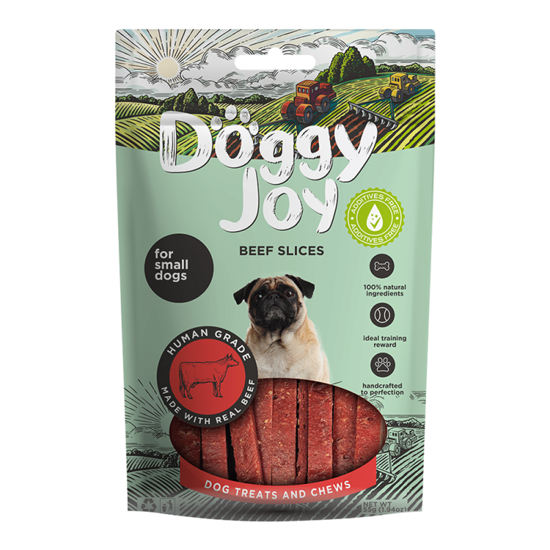 Doggy Joy Beef Slices Dog Treats 55g High in protein, tender beef slices are a perfect reward for dog training. You can decide yourself how big is the piece your pooch should get. Just don’t get them spoiled. Composition: beef, vegetable by-products, minerals.